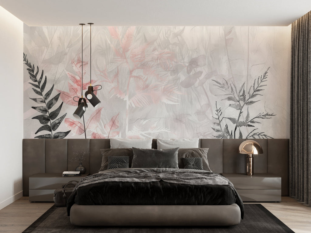 Home office featuring botanical leaves wallpaper in pink and grey tones