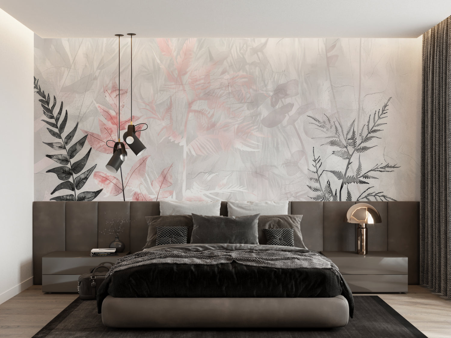 Home office featuring botanical leaves wallpaper in pink and grey tones