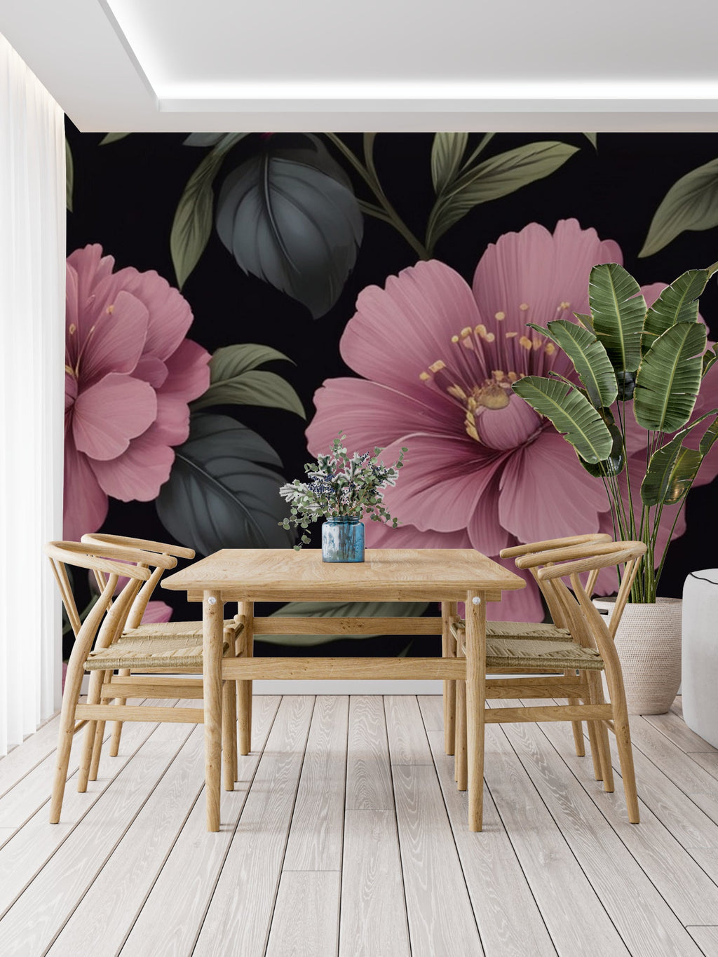Floral wall mural adding elegance to dining room with crystal chandelier