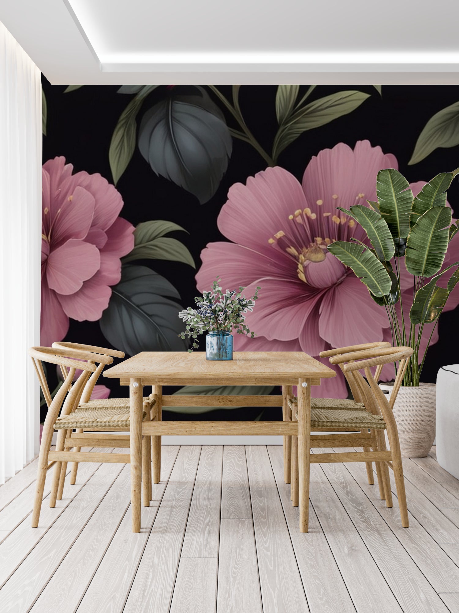 Floral wall mural adding elegance to dining room with crystal chandelier