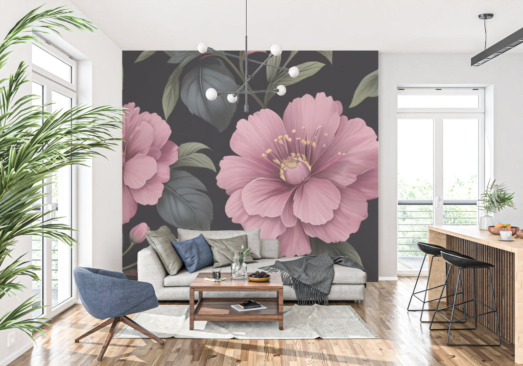 Pink blooms wallpaper making statement in home office with brass accents