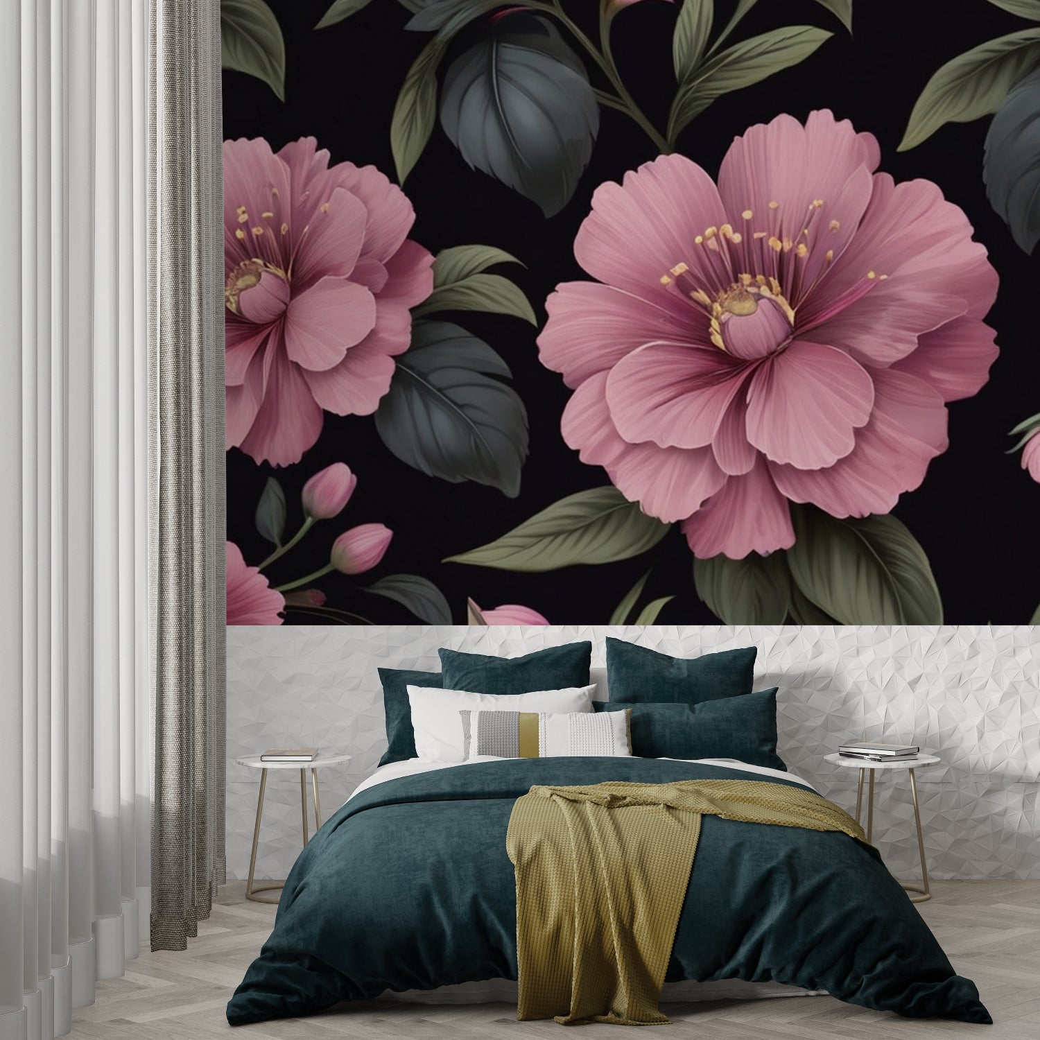 Dramatic floral mural enhancing boutique entrance with pink and black theme