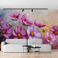 Pink Cosmos Floral Wallpaper creating a peaceful atmosphere in a bright modern living room with natural light