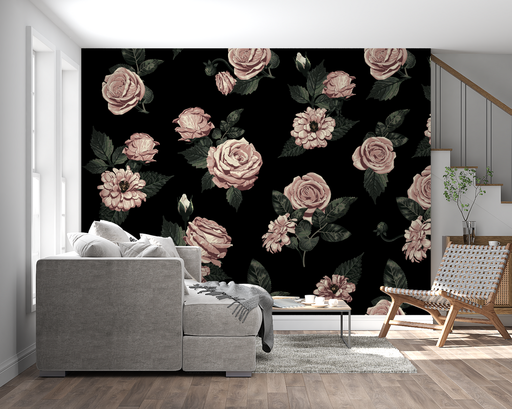 Pink rose wallpaper creating elegant backdrop in master bedroom