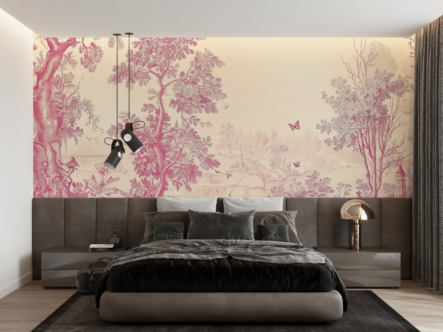 Pink Toile de Jouy wallpaper in bright modern living room showing delicate floral pattern