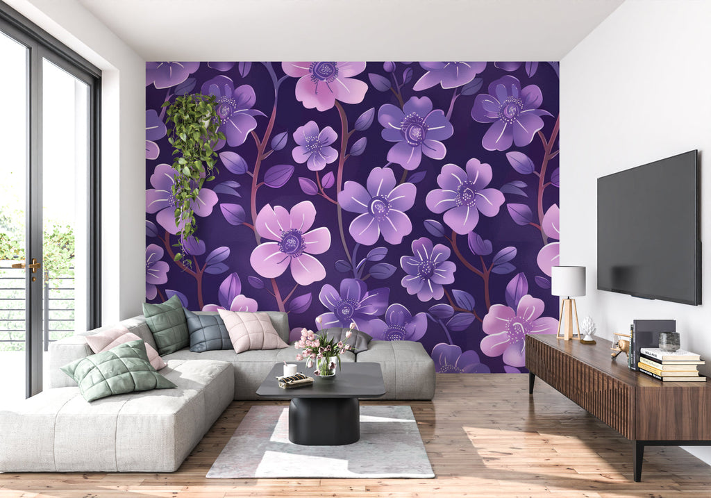 Purple floral wallpaper creating a cozy atmosphere in a modern living room with natural light