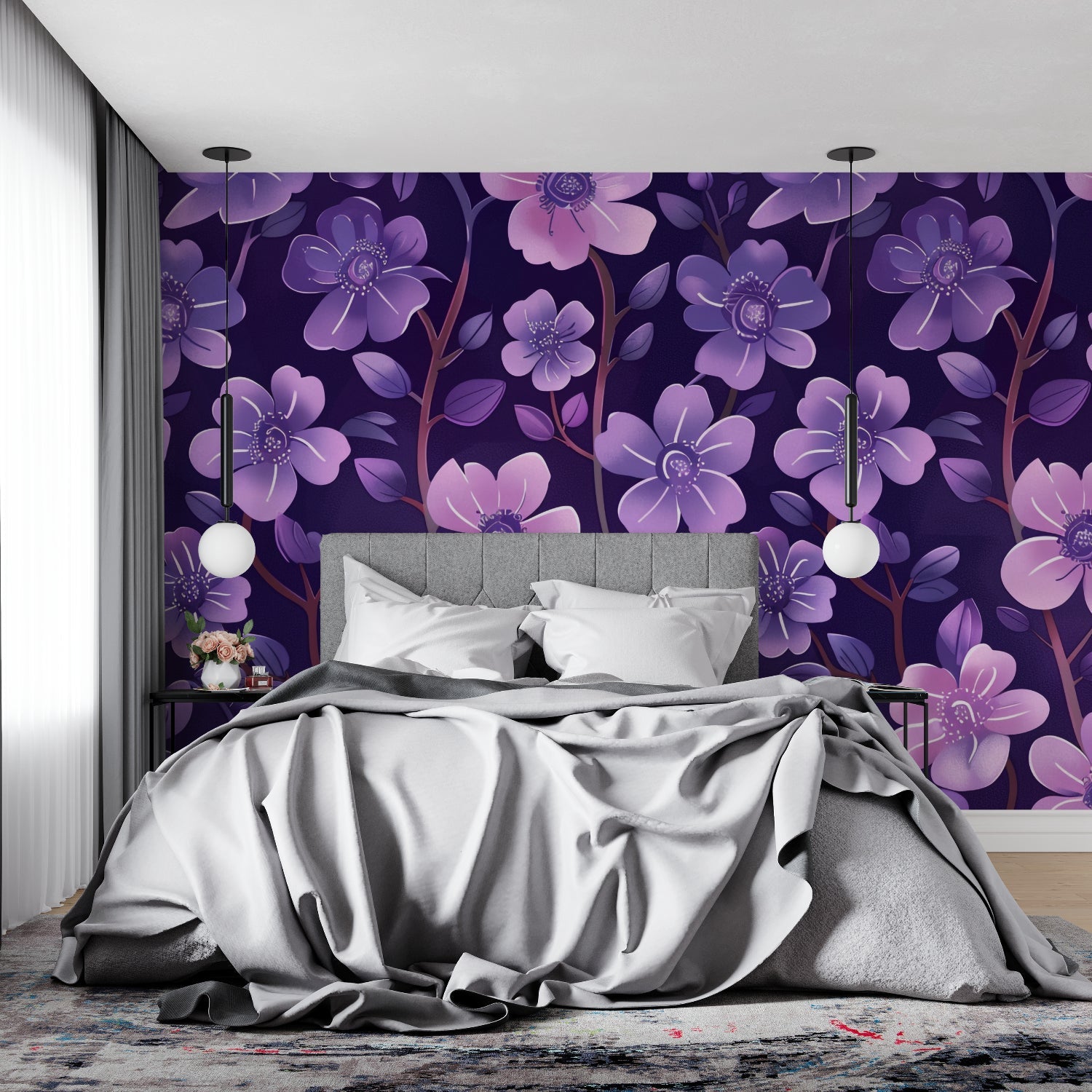 Master bedroom featuring purple blossom wall mural behind a stylish bed setup