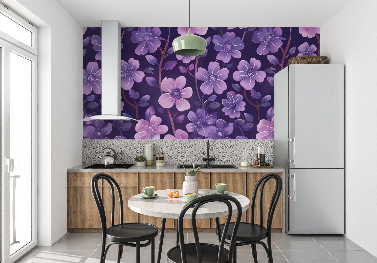 Reading nook with purple blossom wallpaper creating a cozy corner