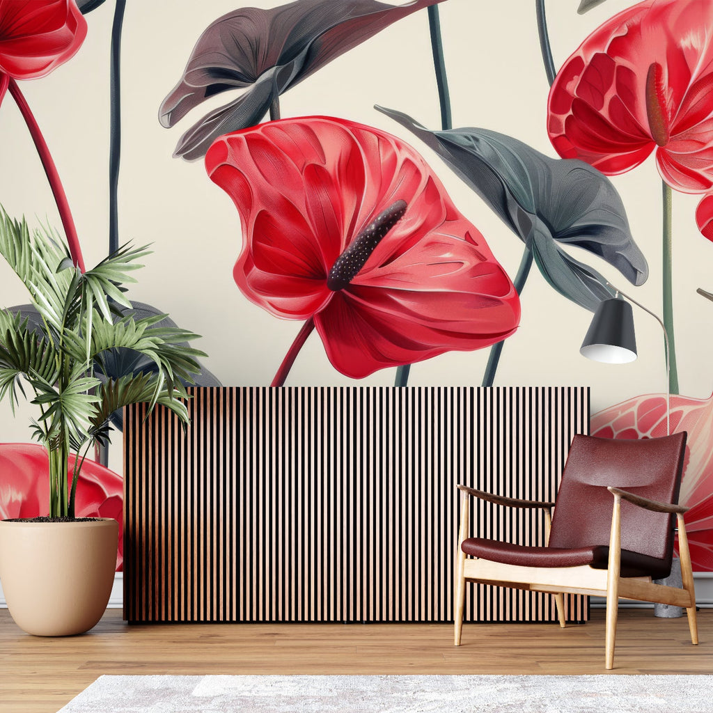 Anthurium wallpaper bringing natural beauty to a master bedroom wall