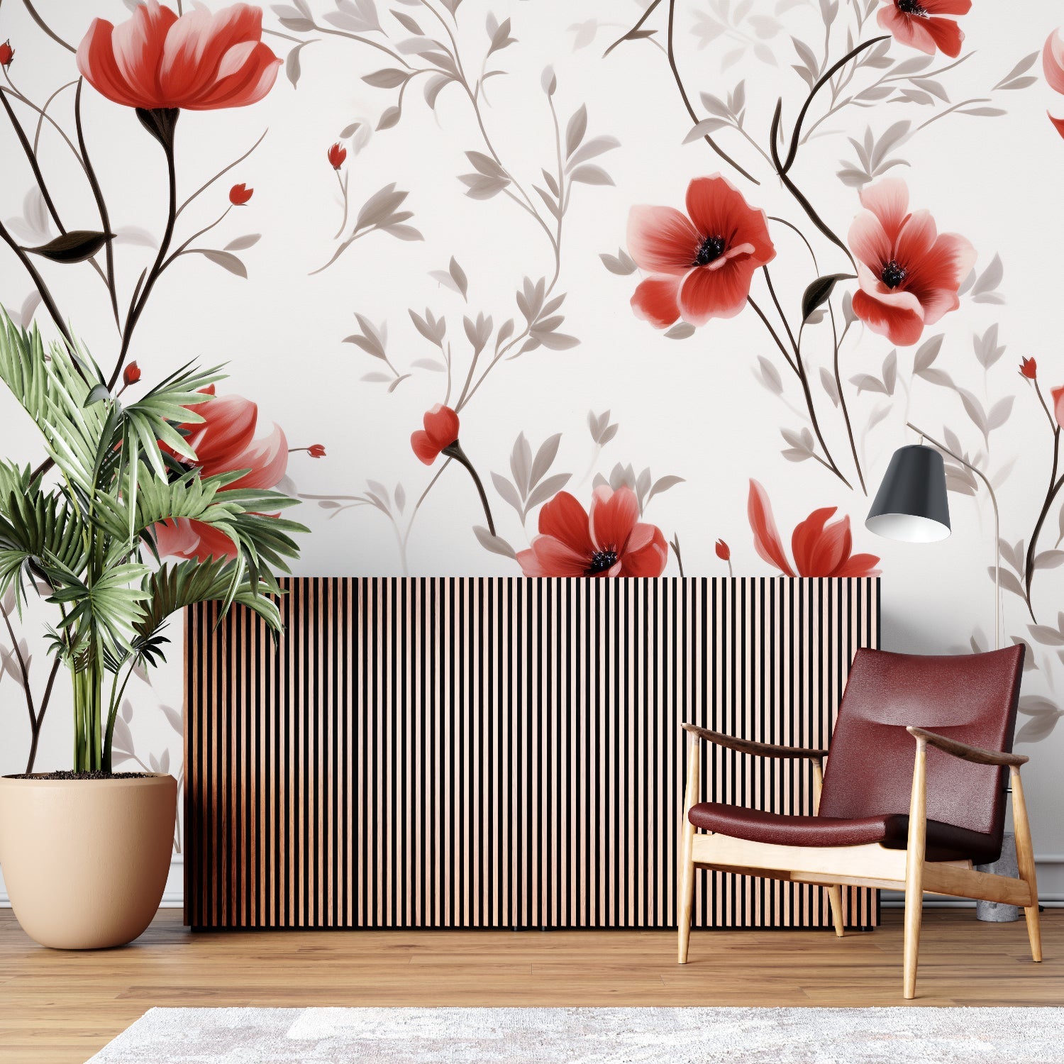 Red poppies wall design in minimalist entrance hallway