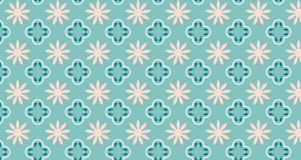 Retro geometric floral pattern design file showing turquoise and coral color scheme