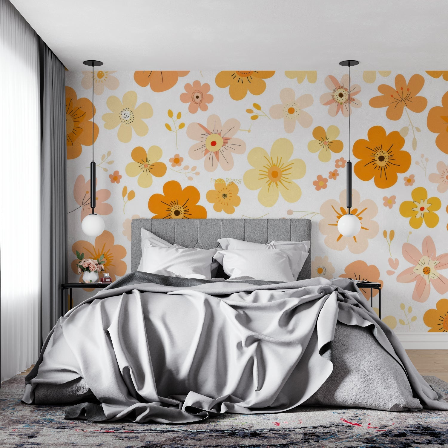 Vintage flower mural creating a sunny accent wall in a dining room