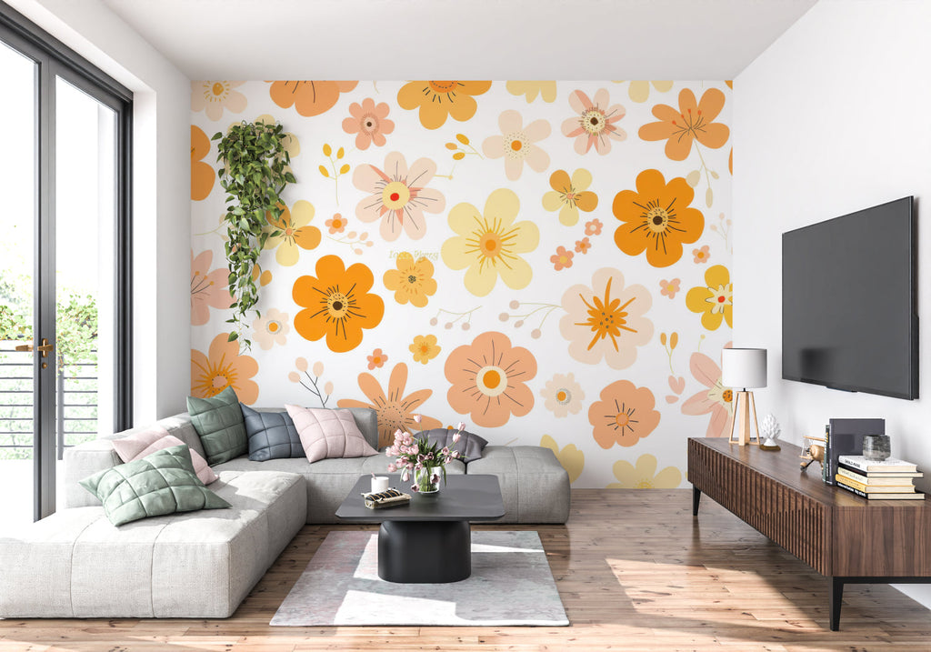 Retro orange and yellow floral wallpaper brightening up a home office space