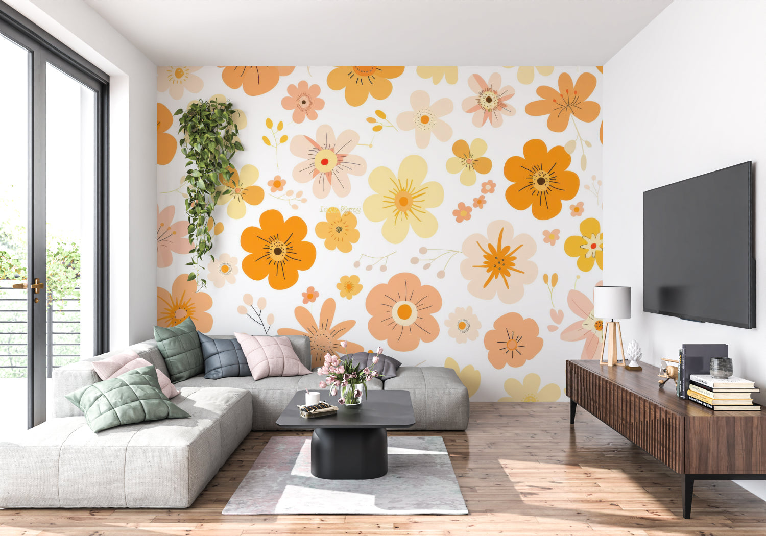 Retro orange and yellow floral wallpaper brightening up a home office space