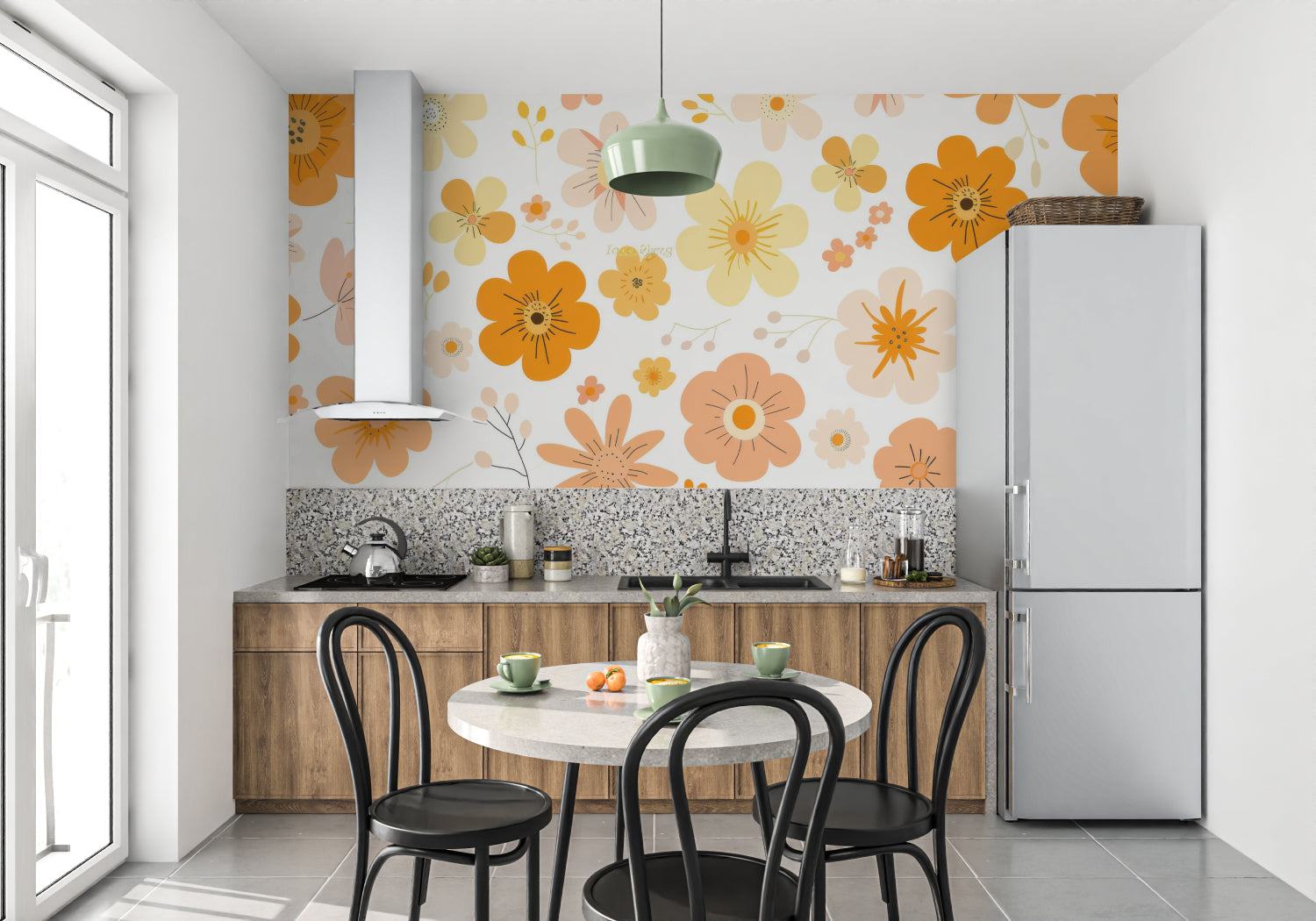 Retro flower wallpaper creating a cheerful atmosphere in an entryway