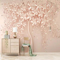 Rose gold tree wallpaper creating a luxurious accent wall in a modern bedroom with soft pink and gold decor elements