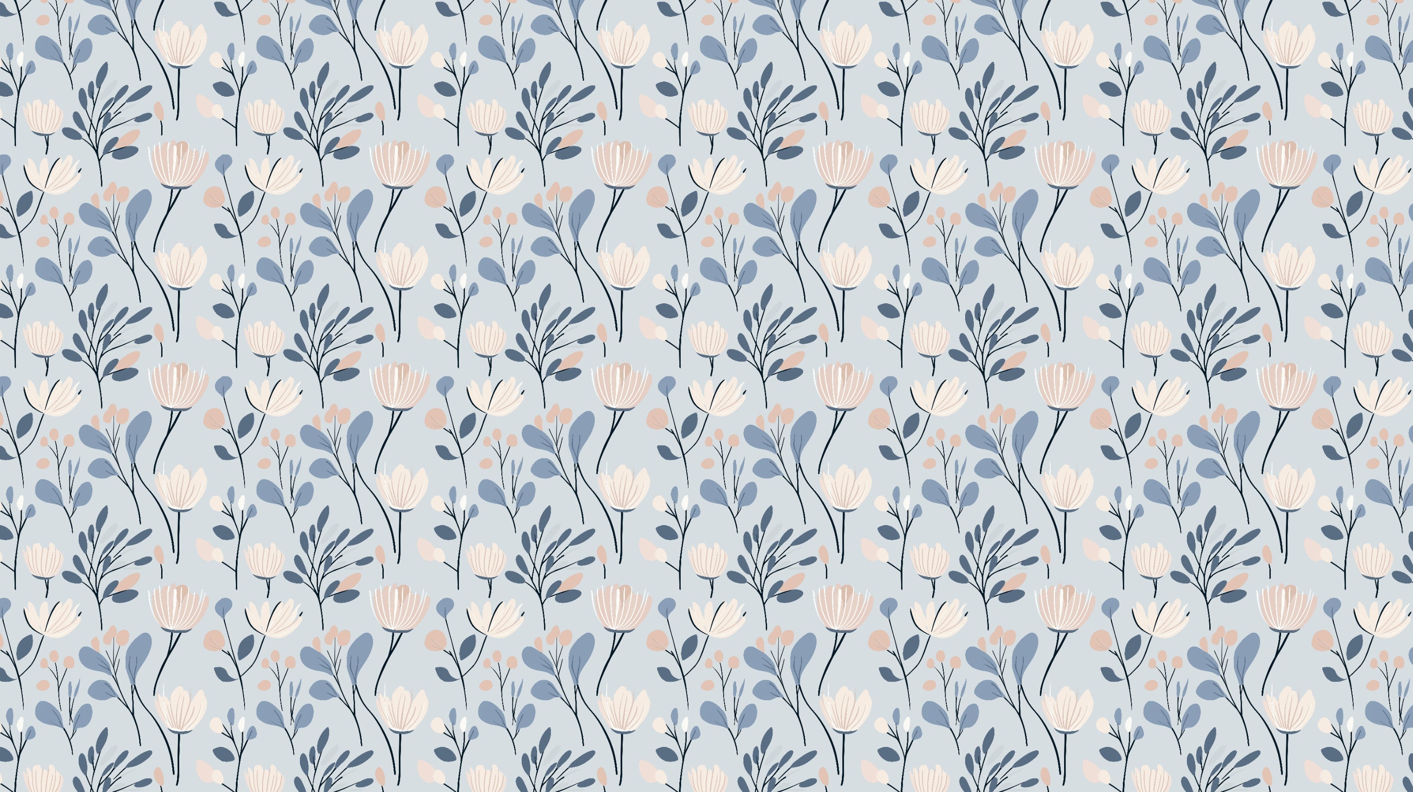 Scandinavian blue and pink floral wallpaper design file showing intricate bloom pattern