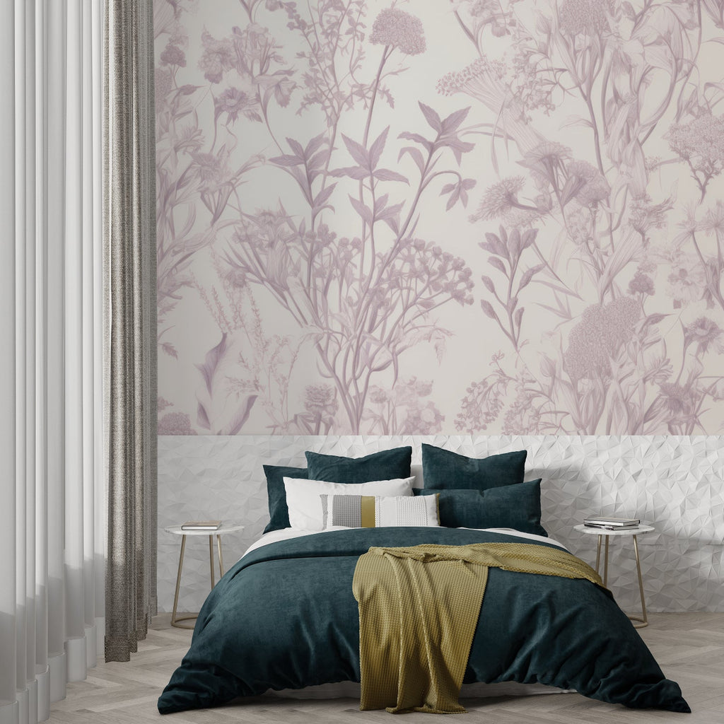 Mauve botanical wallpaper bringing elegance to dining room with crystal chandelier