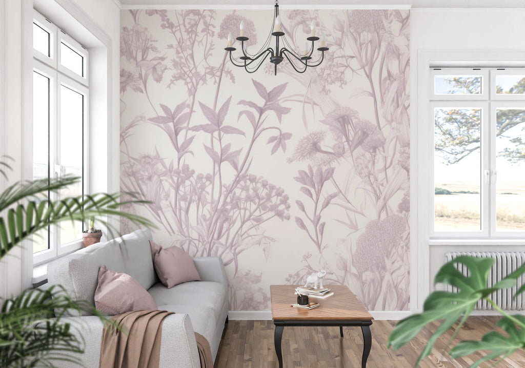 Soft mauve botanical pattern enhancing powder room with gold fixtures