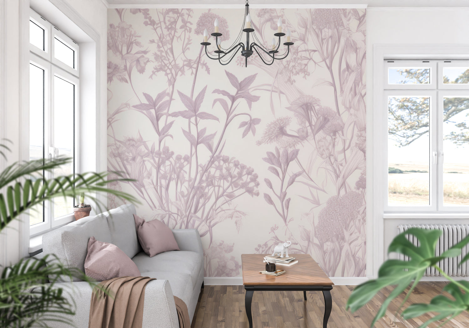 Soft mauve botanical pattern enhancing powder room with gold fixtures