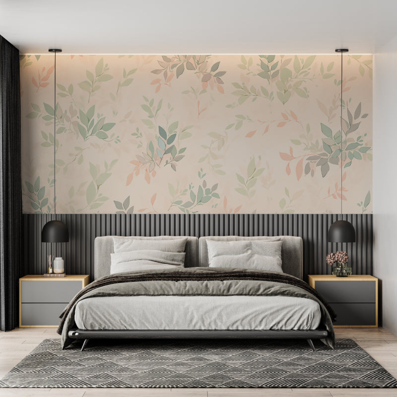 Soft floral wall mural brightening up a home office space with desk and chair