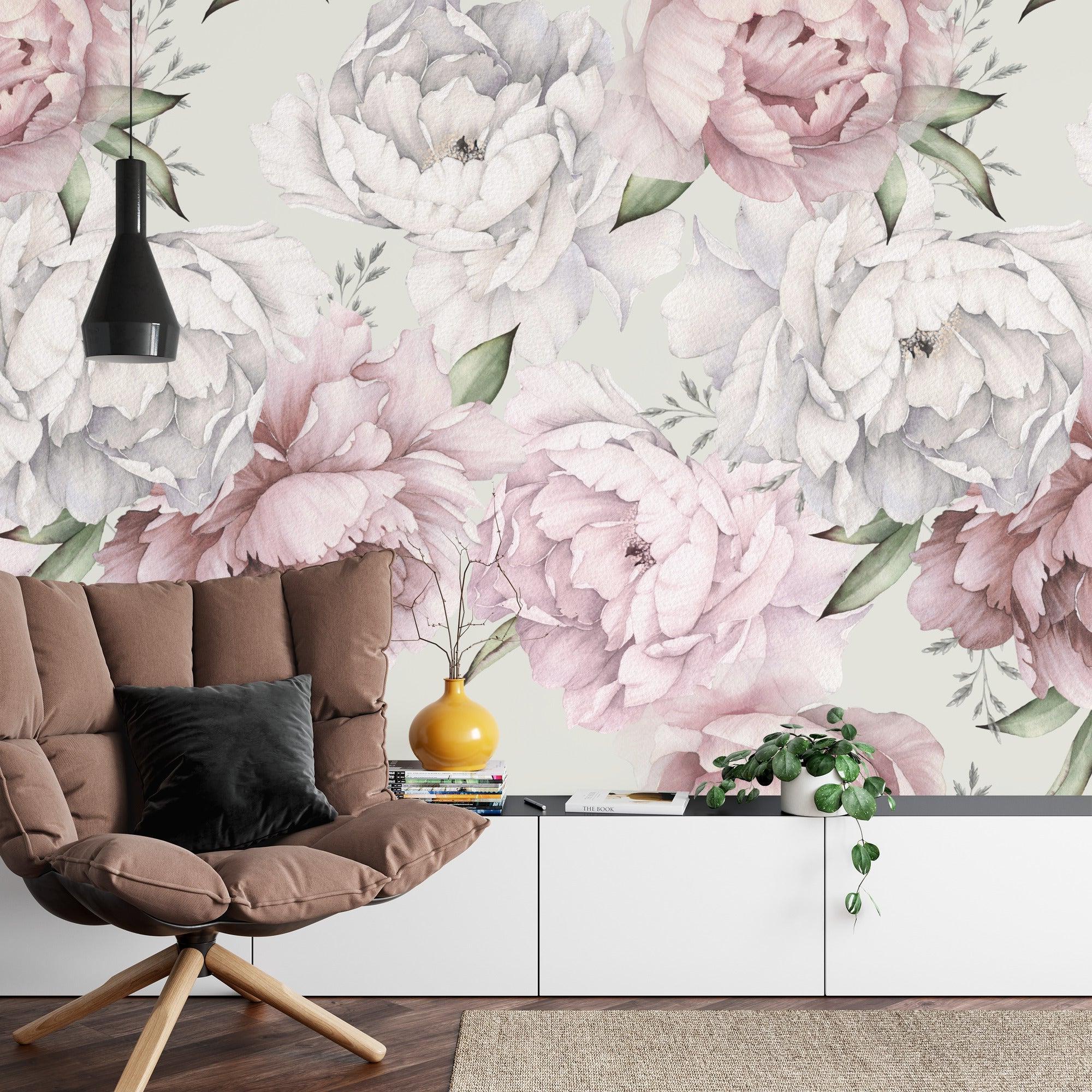 Pink Peony Wallpaper transforms a bright modern bedroom with soft floral beauty