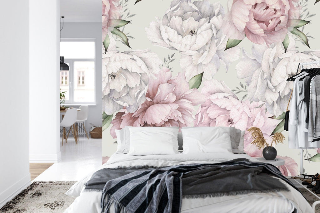 Home office with Pink Peony Floral Wallpaper creating a fresh workspace