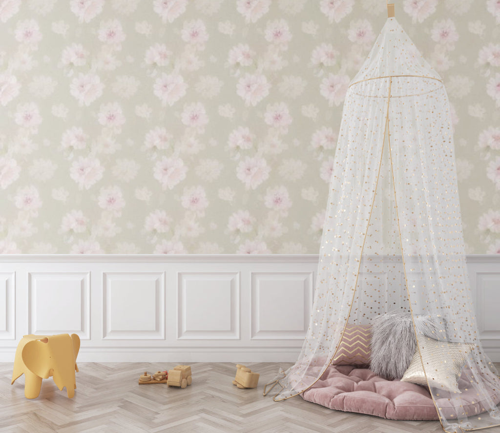 Pink Floral Wallpaper creating a dreamy atmosphere in a modern nursery with white furniture