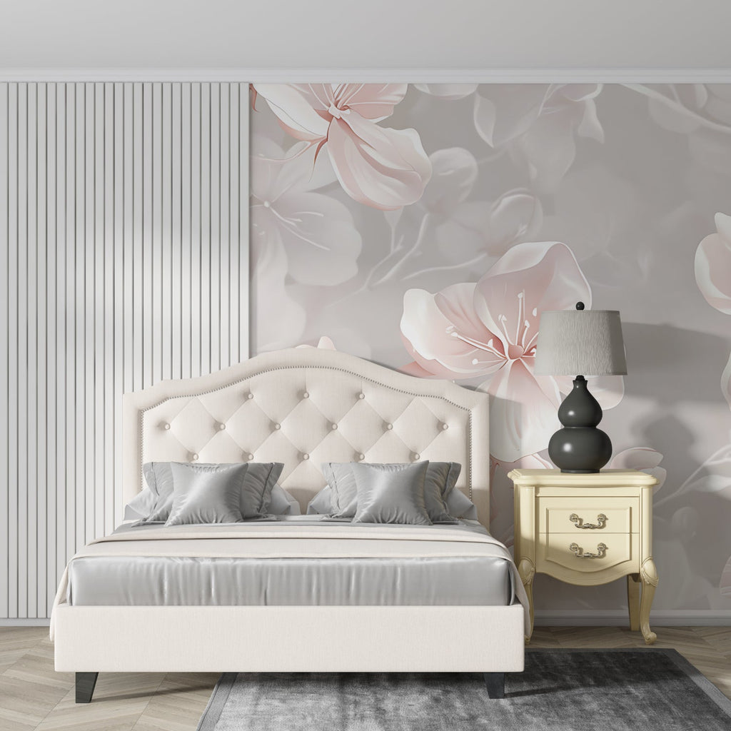Zen meditation room featuring soft pink floral wall mural with wave patterns