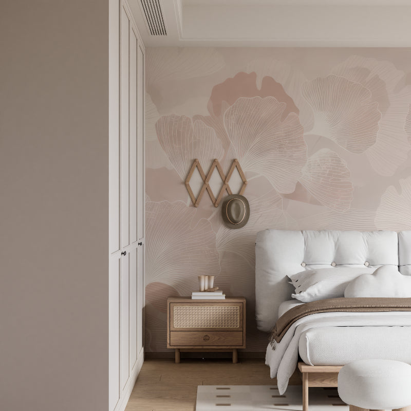 Botanical mural with pink Ginkgo pattern in nursery setting