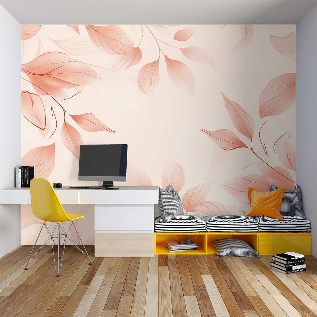 Soft pink leaf pattern wallpaper creating a peaceful atmosphere in a master bedroom
