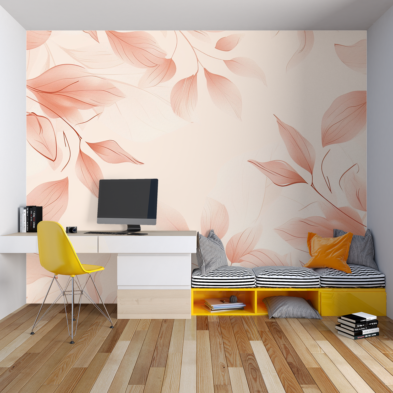 Soft pink leaf pattern wallpaper creating a peaceful atmosphere in a master bedroom