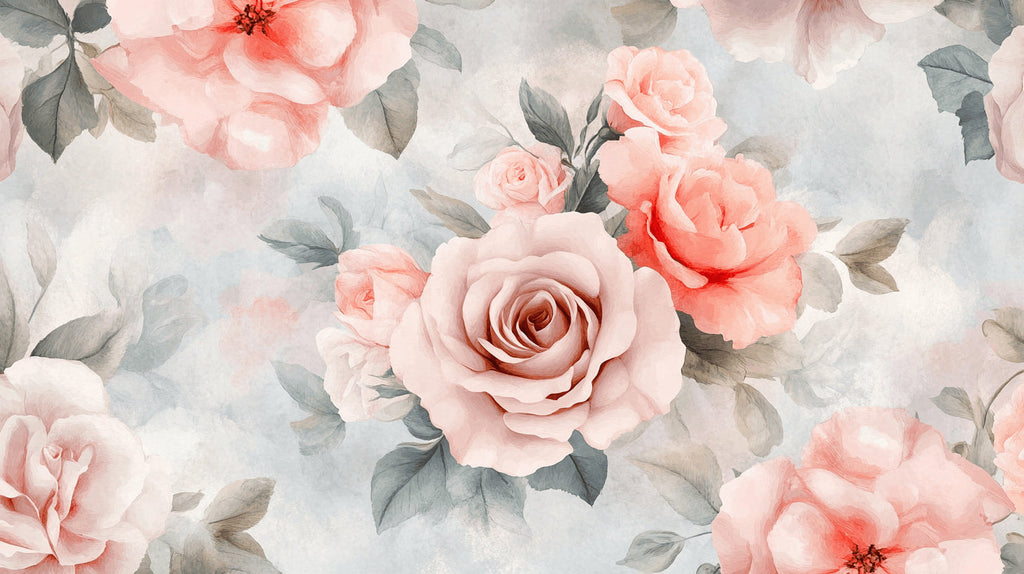 Design file showing detailed pink rose watercolor pattern with sage leaves