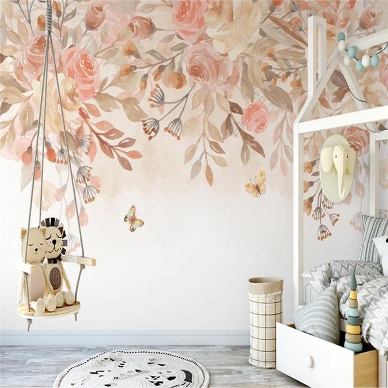 Rose wallpaper with butterflies transforming a living room into a garden sanctuary