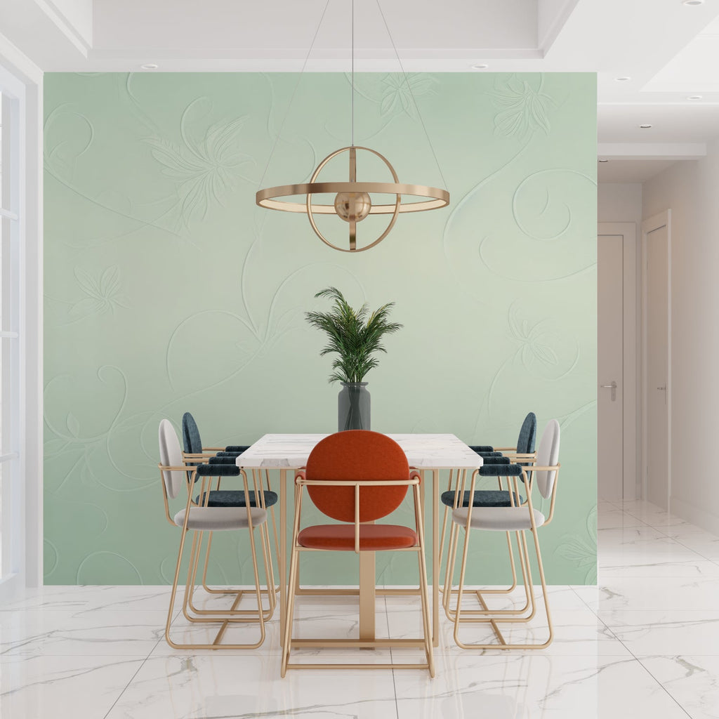 Green floral pattern wallpaper in a home office with minimal furniture
