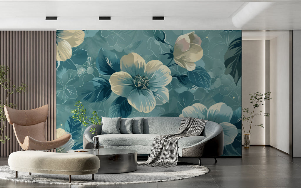 Teal floral wallpaper mural in modern living room showing large cream blooms against deep teal background