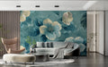 Teal floral wallpaper mural in modern living room showing large cream blooms against deep teal background