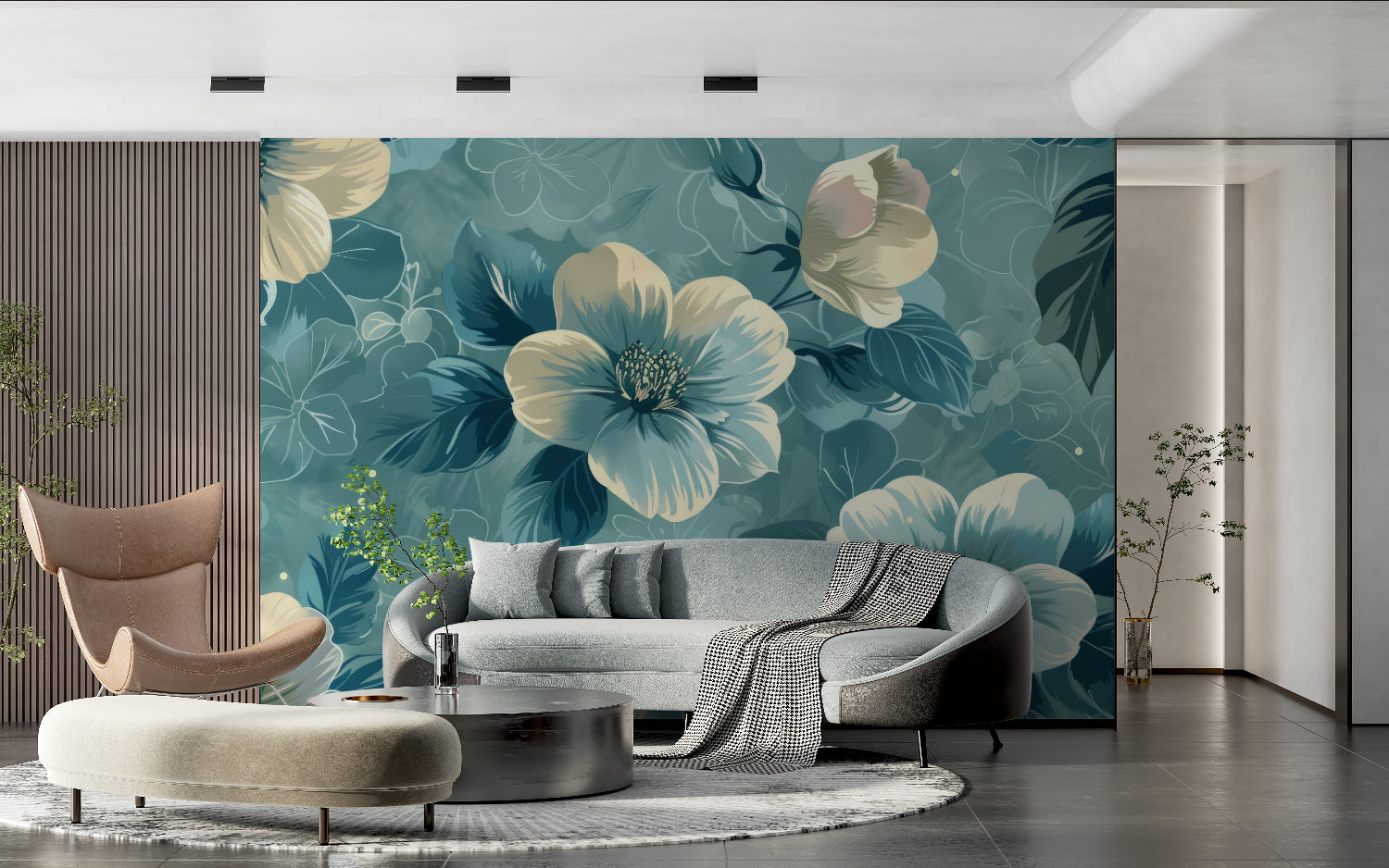 Teal floral wallpaper mural in modern living room showing large cream blooms against deep teal background