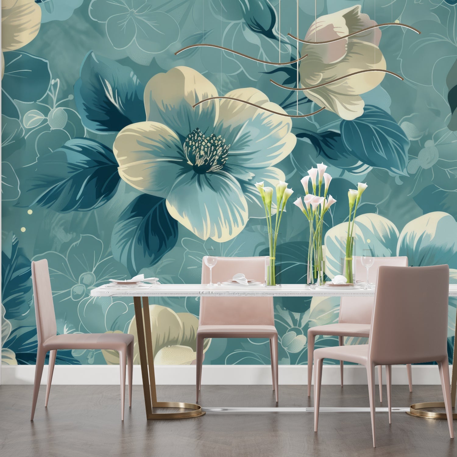Botanical wall mural featuring teal and cream flowers in elegant dining room setting