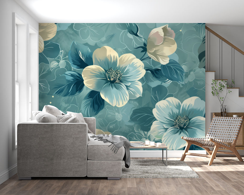 Home office featuring teal and cream floral wall mural creating peaceful workspace