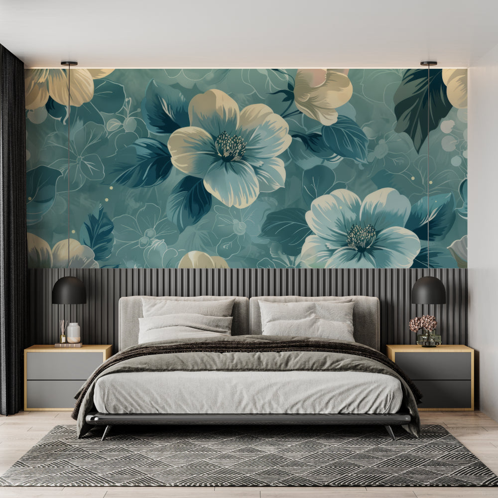 Bathroom with botanical wallpaper showing detailed teal and cream flower pattern