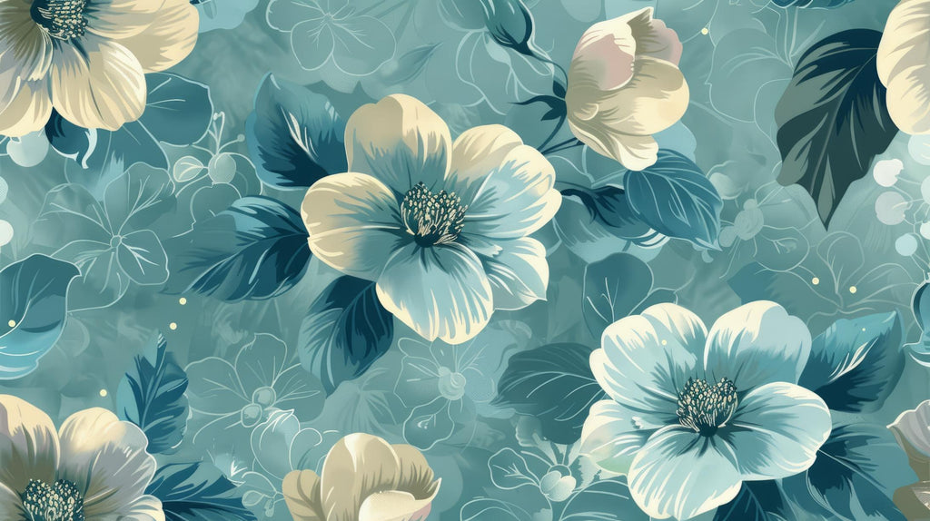 Large scale floral pattern design file showing intricate cream blooms on teal background