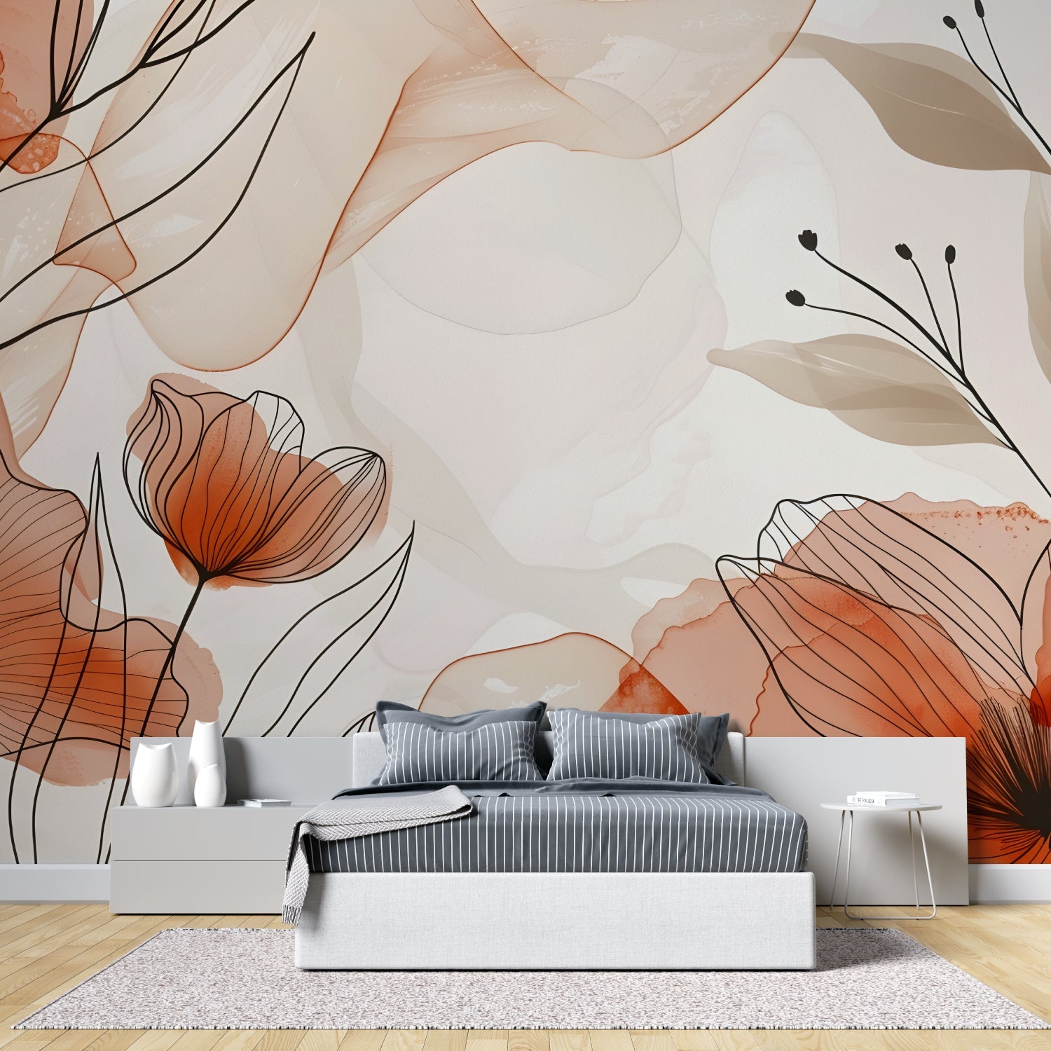 Line art floral design displayed in a contemporary hallway setting