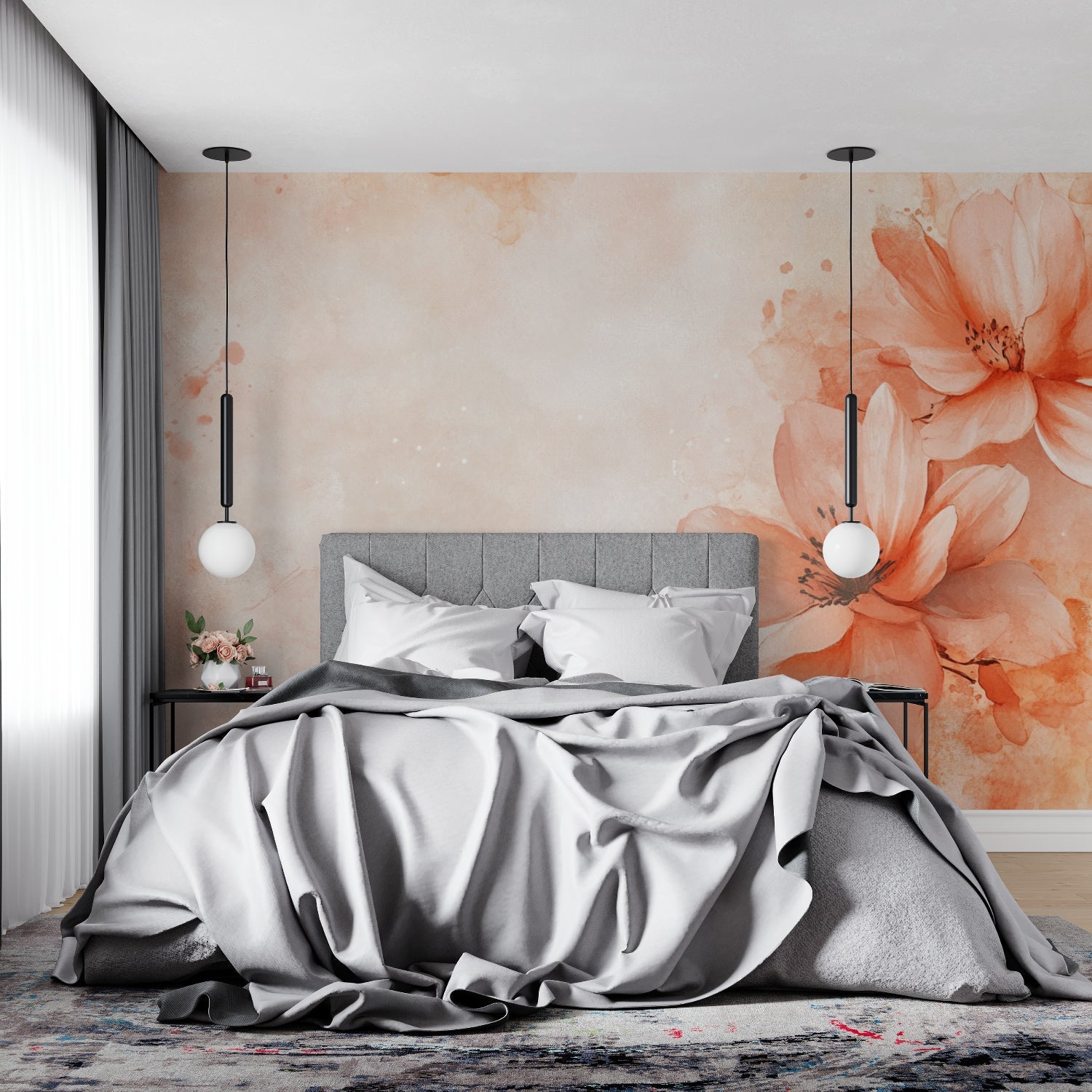 Terracotta watercolor wallpaper in bright hallway setting