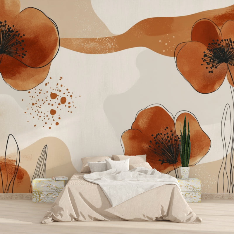 Terracotta floral wallpaper creating a peaceful atmosphere in a modern living room with natural light