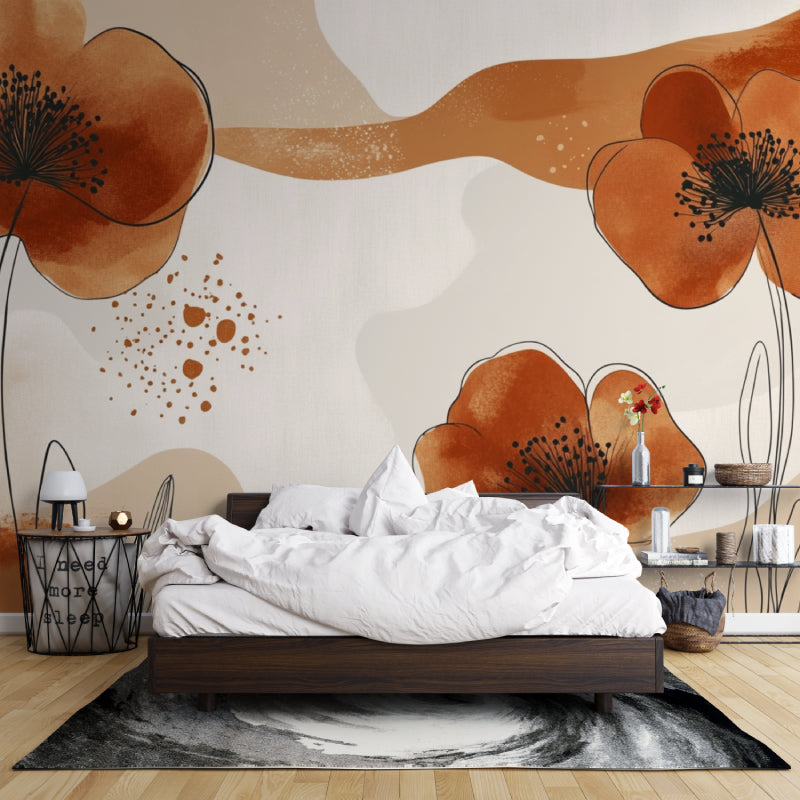 Watercolor floral wall mural bringing warmth to a minimalist bedroom setting