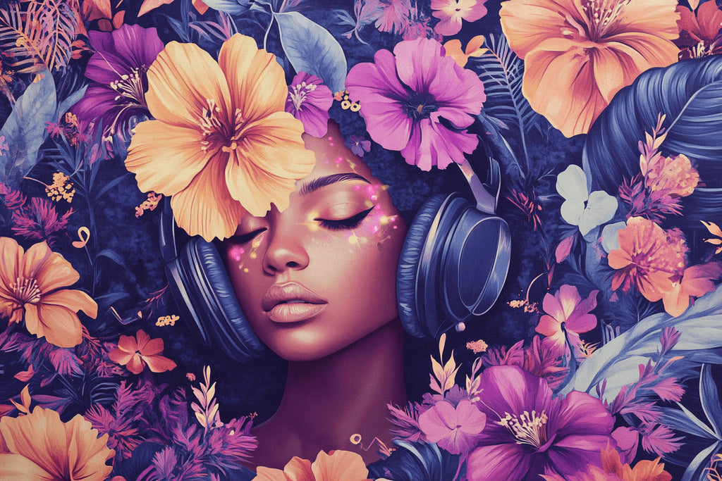 Tropical floral wallpaper design file showing detailed music theme and hibiscus pattern