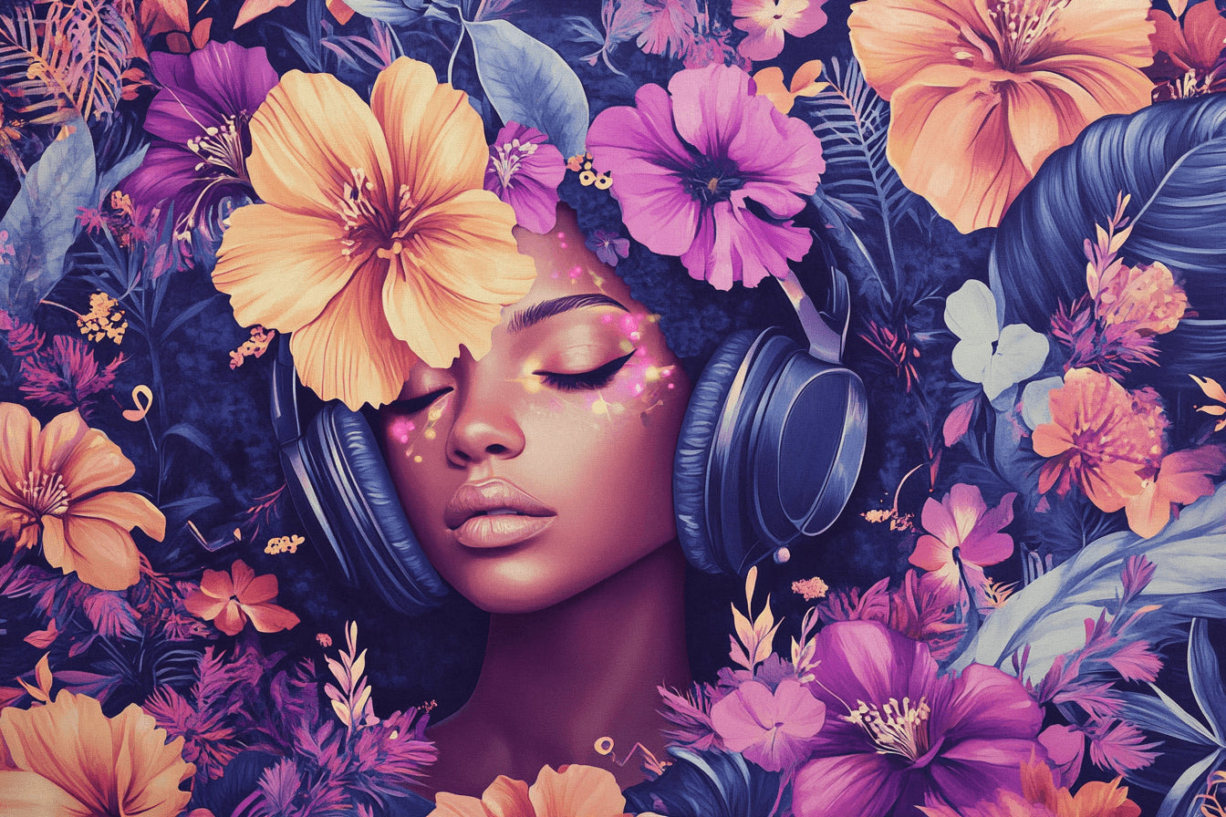 Tropical floral wallpaper design file showing detailed music theme and hibiscus pattern