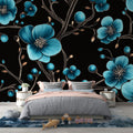 Turquoise Floral Wallpaper creating a stunning accent wall in a modern living room with gray furniture