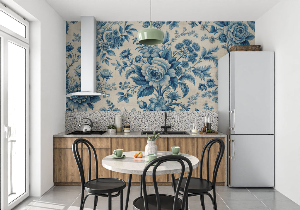 Master bedroom with soft blue floral wallpaper creating a peaceful atmosphere